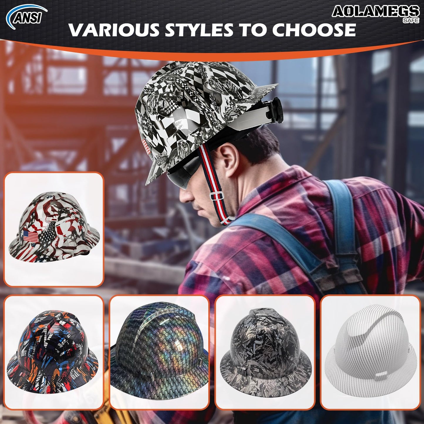 Stylish Full Brim Hard Hat with Visor and Liner (Option) -OSHA Approved Construction Safety Helmet for Men Women,ANSI Z89.1 Carbon Fiber Pattern Hardhats with Glasses and Chin Strap,4-pt