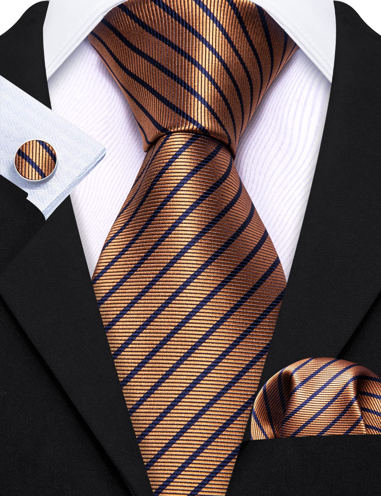 Barry.Wang Stripe Men Ties Set Classic WOVEN Necktie with Handkerchief Cufflinks Formal