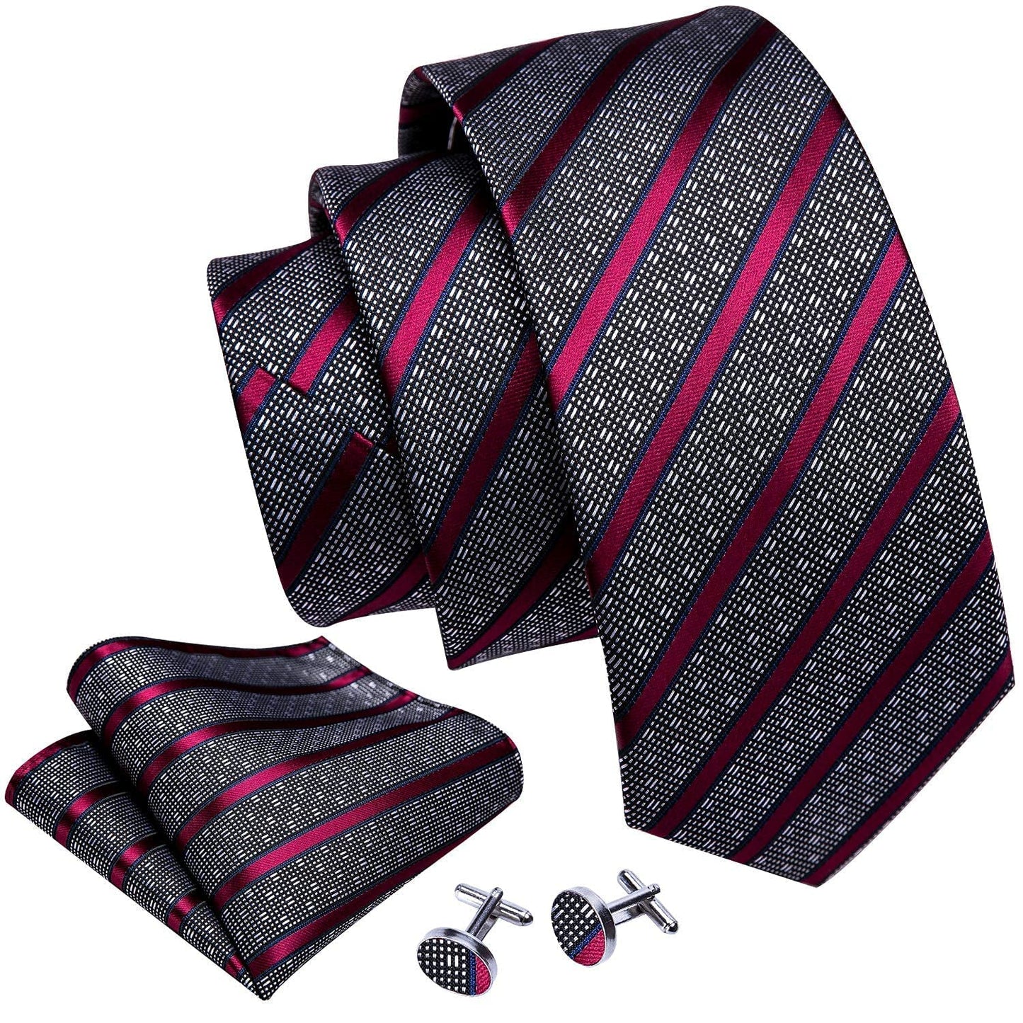 Barry.Wang Stripe Men Ties Set Classic WOVEN Necktie with Handkerchief Cufflinks Formal