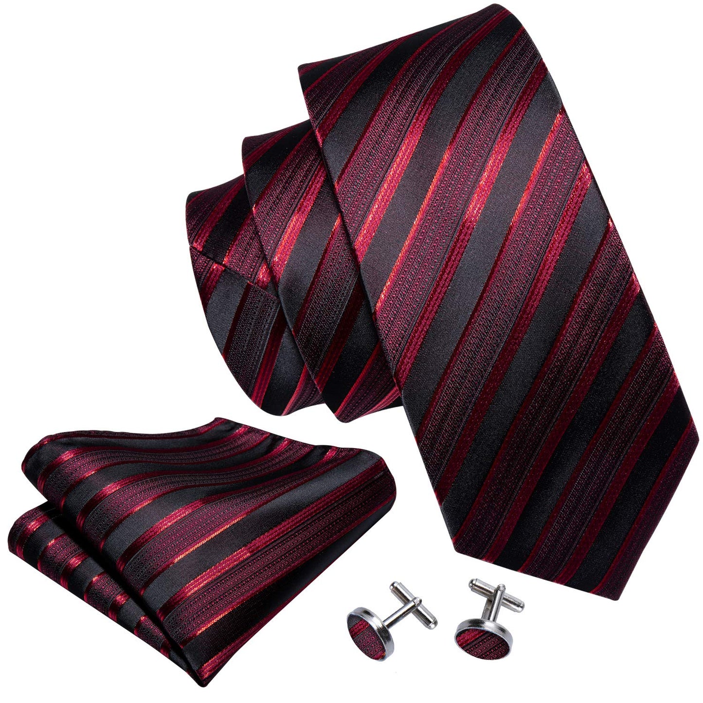 Barry.Wang Stripe Men Ties Set Classic WOVEN Necktie with Handkerchief Cufflinks Formal