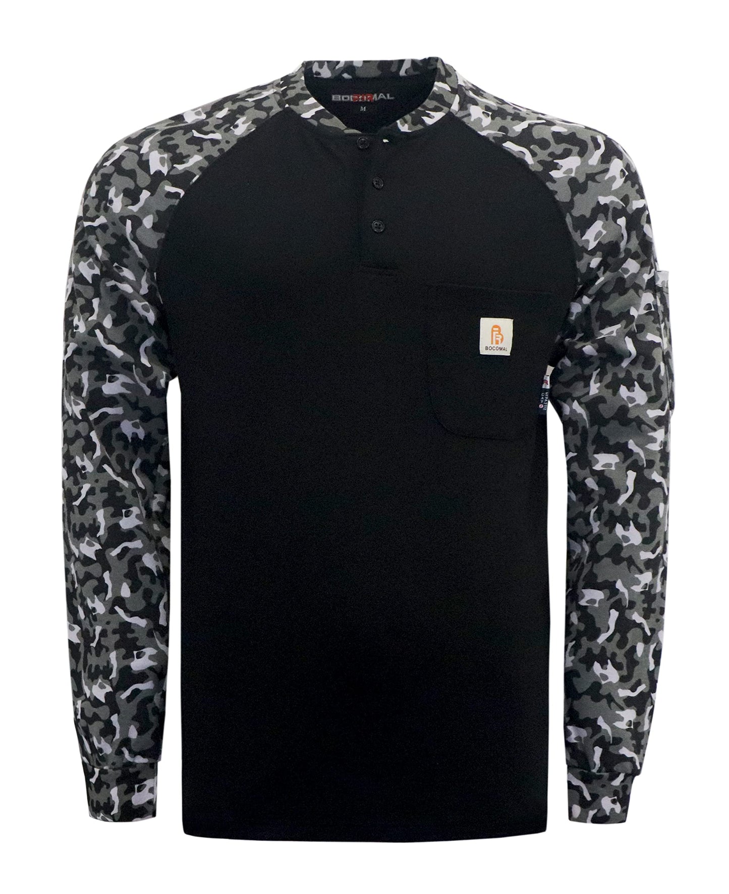 BOCOMAL FR Shirts Flame Resistant Henley Printed and Camo Two Tone 7oz Men's Fire Retardant Work Shirts