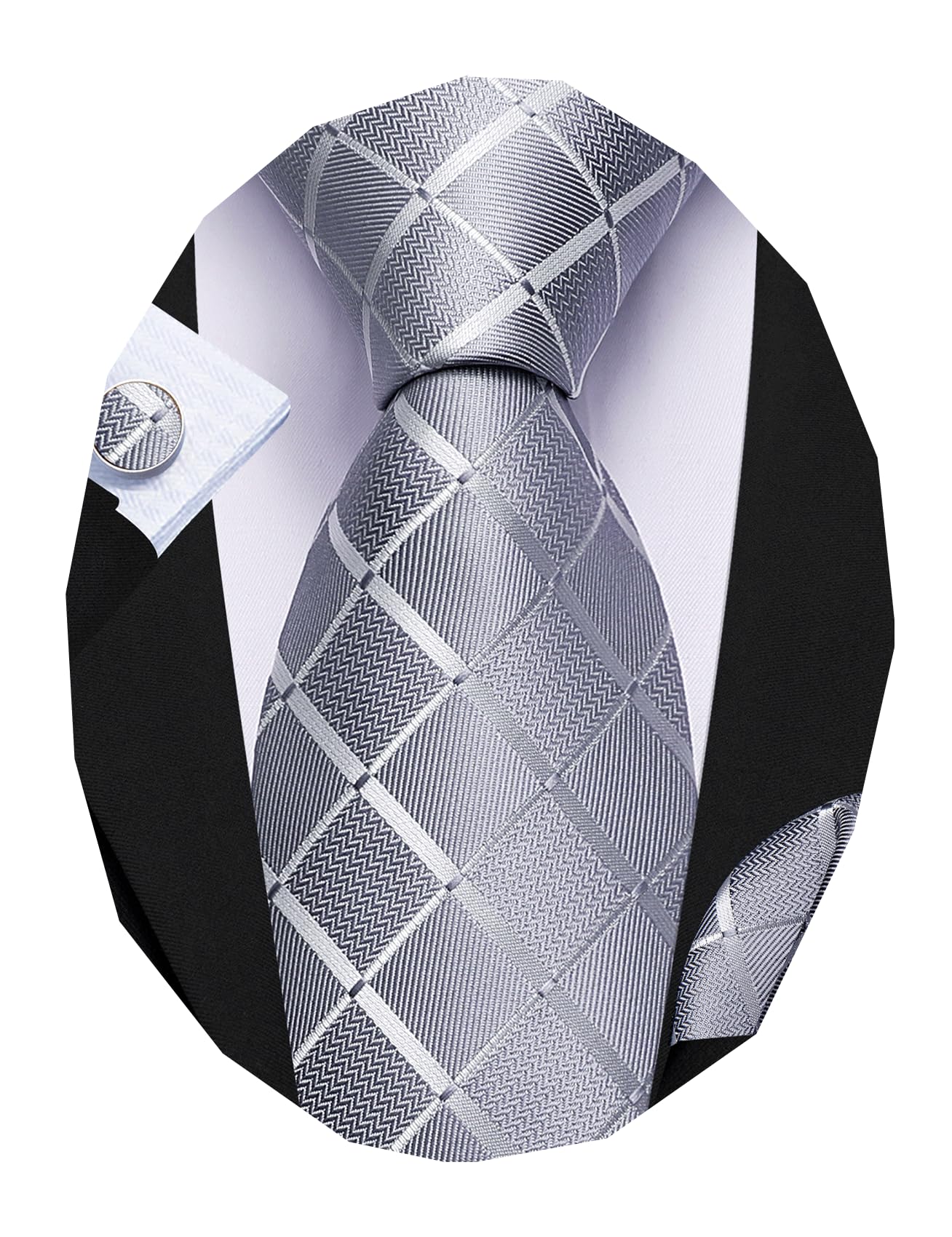 Barry.Wang Designer Classic Ties for Men Set Formal Pocket Square Cufflink Check Plaid