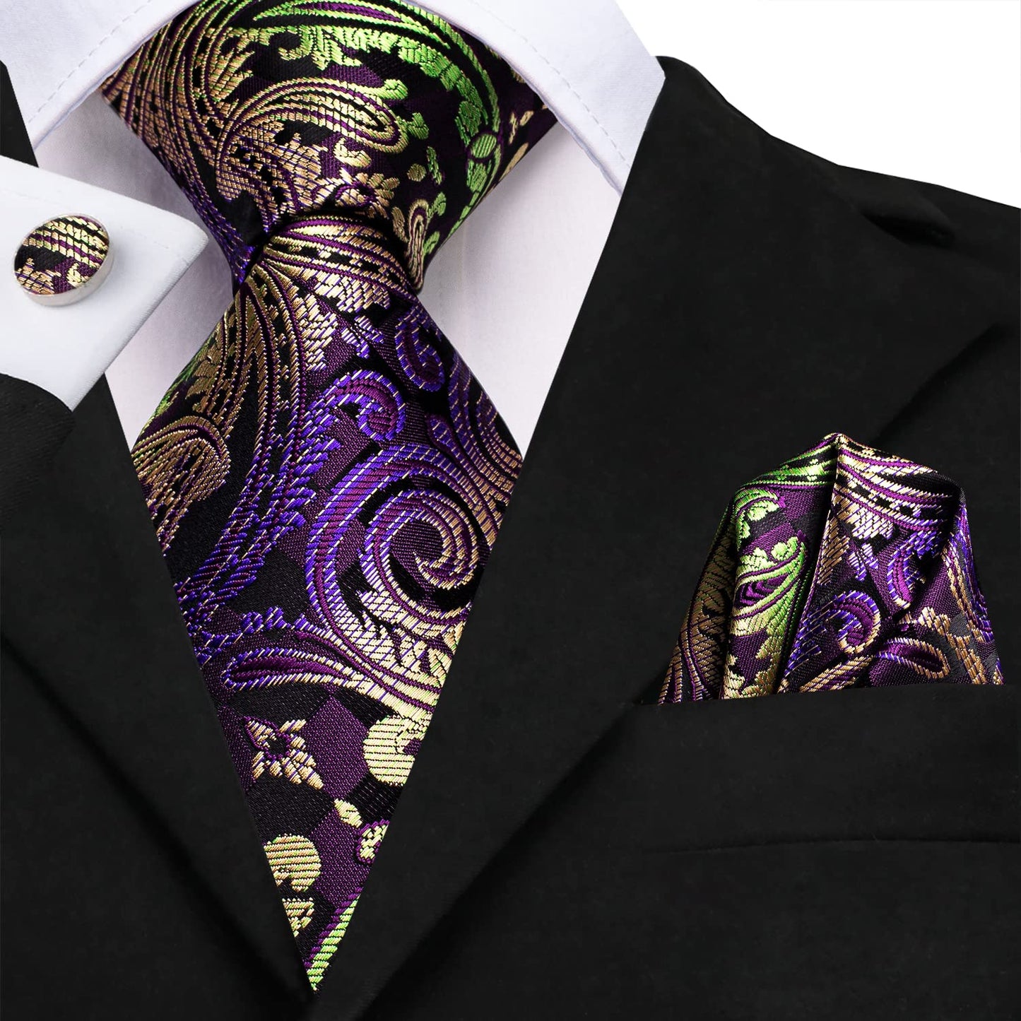 Hi-Tie Silk Paisley Ties for Men Necktie Pocket Square Cufflinks Set Foral Tie Sets Formal Business