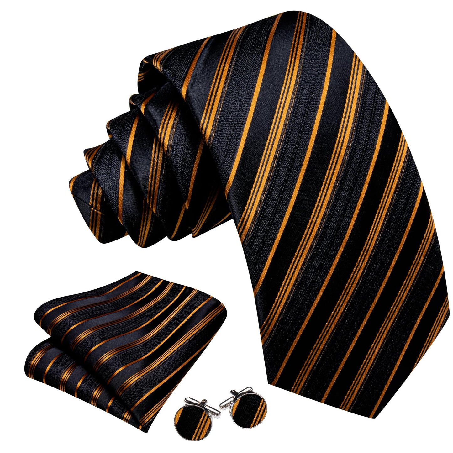 Barry.Wang Stripe Men Ties Set Classic WOVEN Necktie with Handkerchief Cufflinks Formal