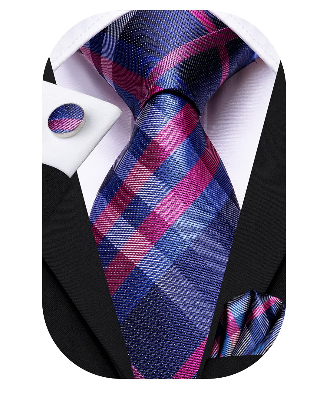 Hi-Tie Mens Plaid Ties Classic Paisley Necktie with Handkerchief Cufflinks Set Business Stripe Tie