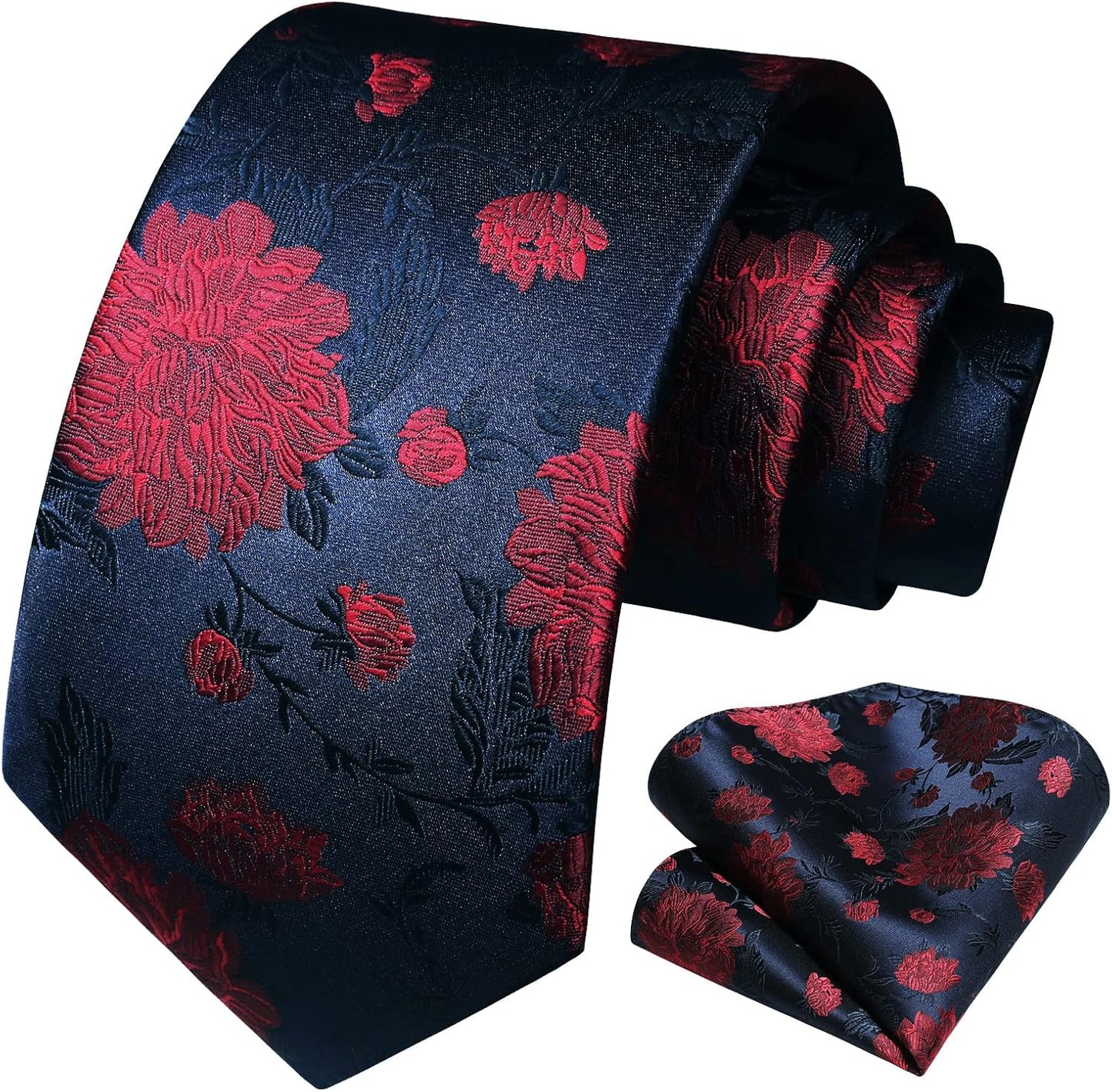 Men Floral Ties Woven Classic 3.4" NeckTie Set Formal Tie Pocket Square for Wedding with Handkerchief