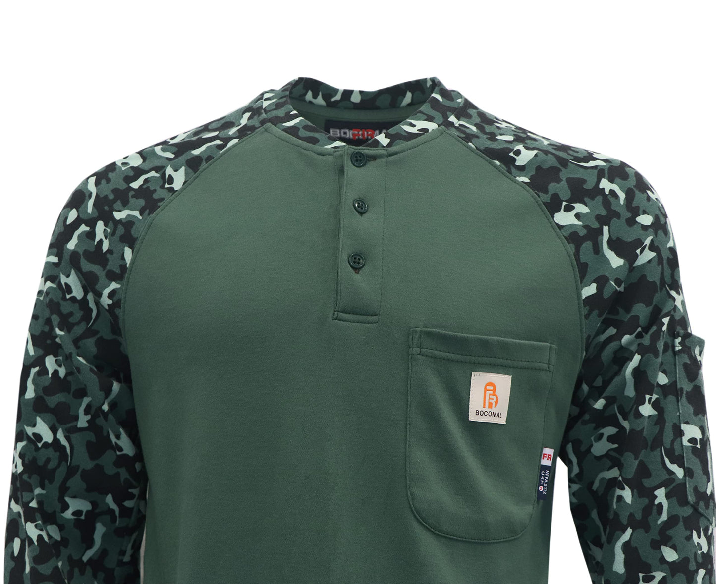 BOCOMAL FR Shirts Flame Resistant Henley Printed and Camo Two Tone 7oz Men's Fire Retardant Work Shirts