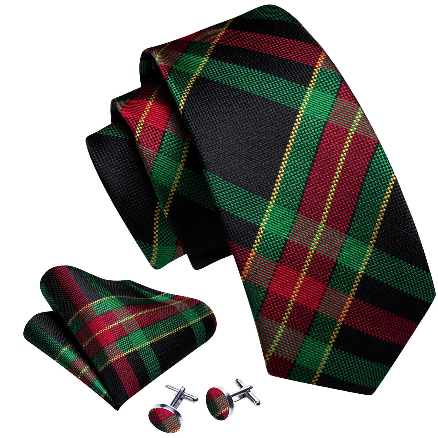 Barry.Wang Designer Classic Ties for Men Set Formal Pocket Square Cufflink Check Plaid