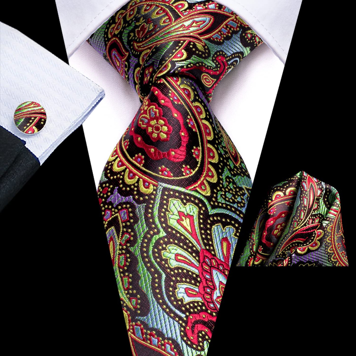 Dubulle Mens Paisley Striped Tie Silk Mens Necktie and PocketSquare Cufflinks Set Wedding Fomral Party