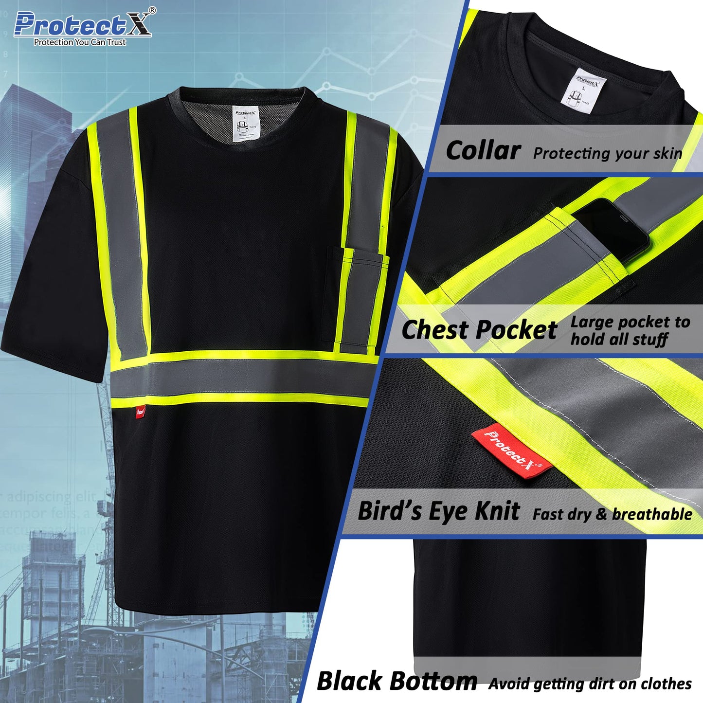 ProtectX High Visibility Short Sleeve Reflective Safety T-Shirt, Men's Heavy Duty Breathable Hi Vis Shirts, Class 2 Type R