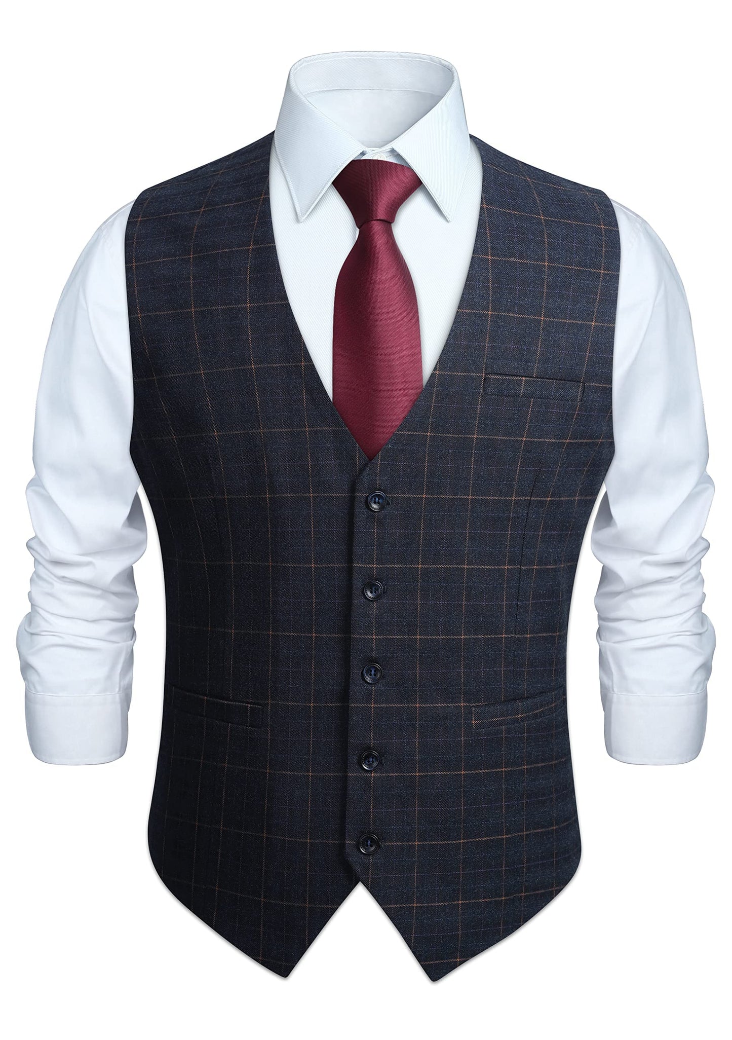 HISDERN Men's Suit Vest Plaid Dress Vest for Men Slim Fit Formal Business Waistcoat Tuxedo V-Ncek Solid Vest for Wedding