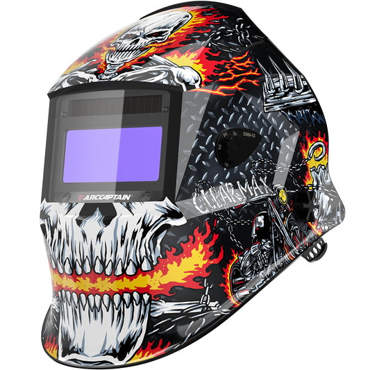 ARCCAPTAIN Large Viewing Screen Welding Helmet, 1/1/1/1 Top Optical Clarity Auto Darkening Welding Hood, 4 Arc Sensor 1/25000s Response Time True Color Weld Hood Helmet HSH-S800 Skeleton Knight