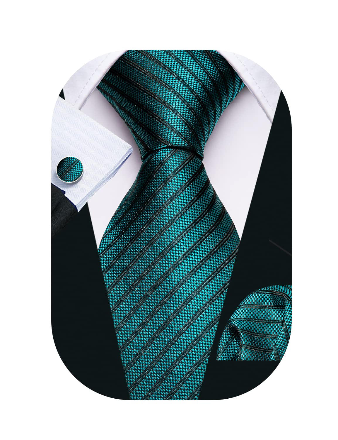 Barry.Wang Stripe Men Ties Set Classic WOVEN Necktie with Handkerchief Cufflinks Formal