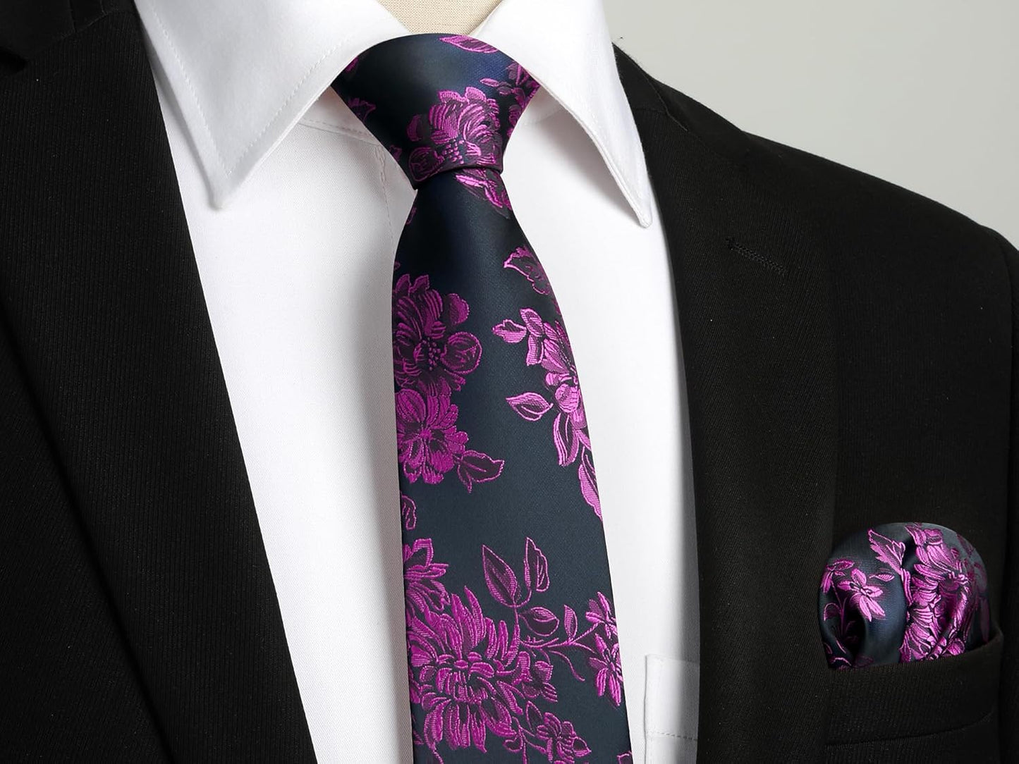 Men Floral Ties Woven Classic 3.4" NeckTie Set Formal Tie Pocket Square for Wedding with Handkerchief