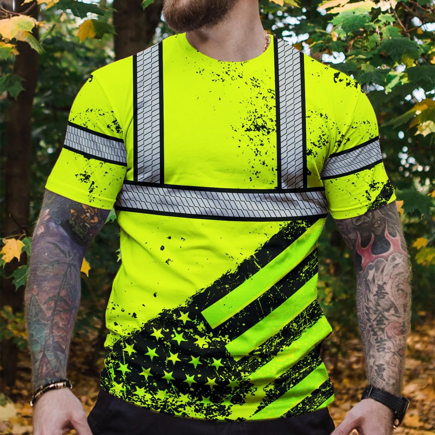 Color US Flag Skull High Visibility Shirt for Men Custom Name Safety Shirts Workwear for Patriotic, Runners