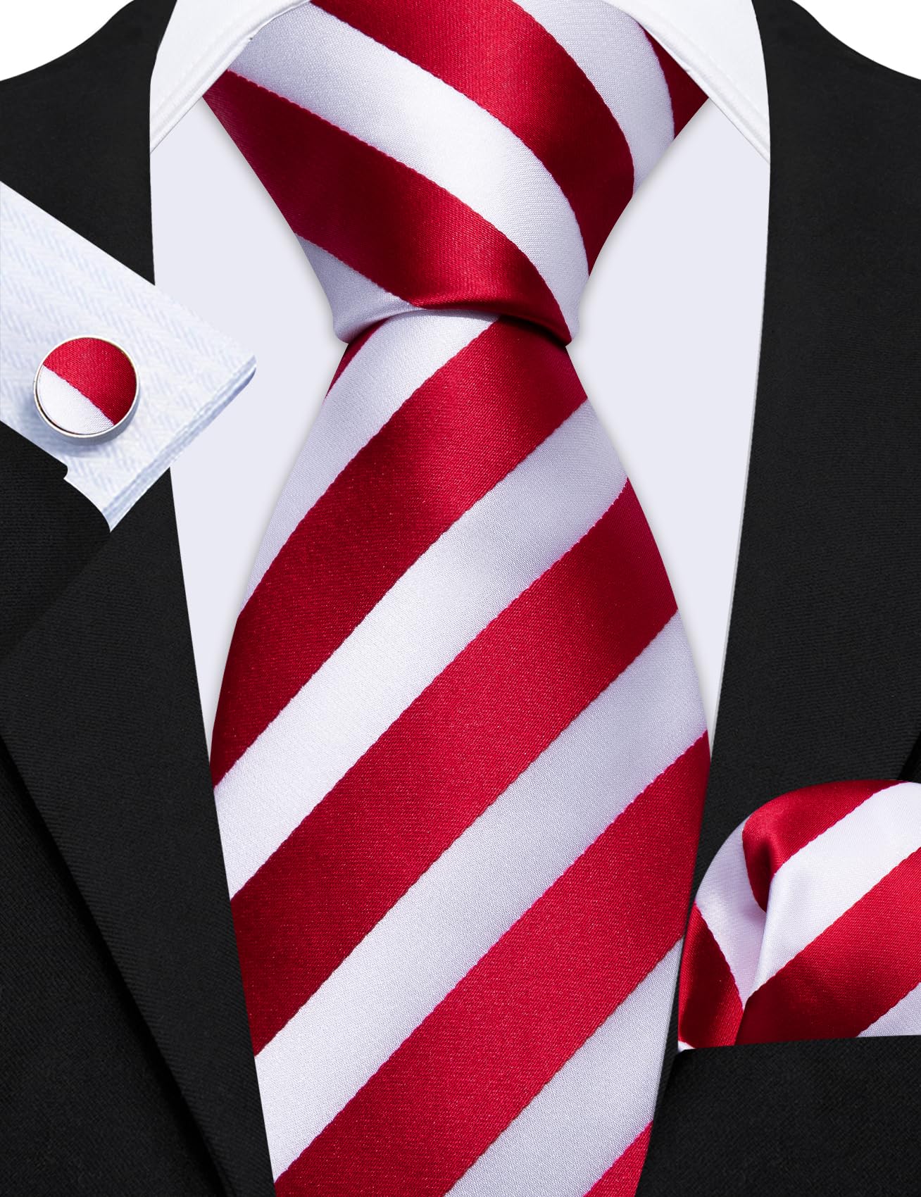 Barry.Wang Stripe Men Ties Set Classic WOVEN Necktie with Handkerchief Cufflinks Formal