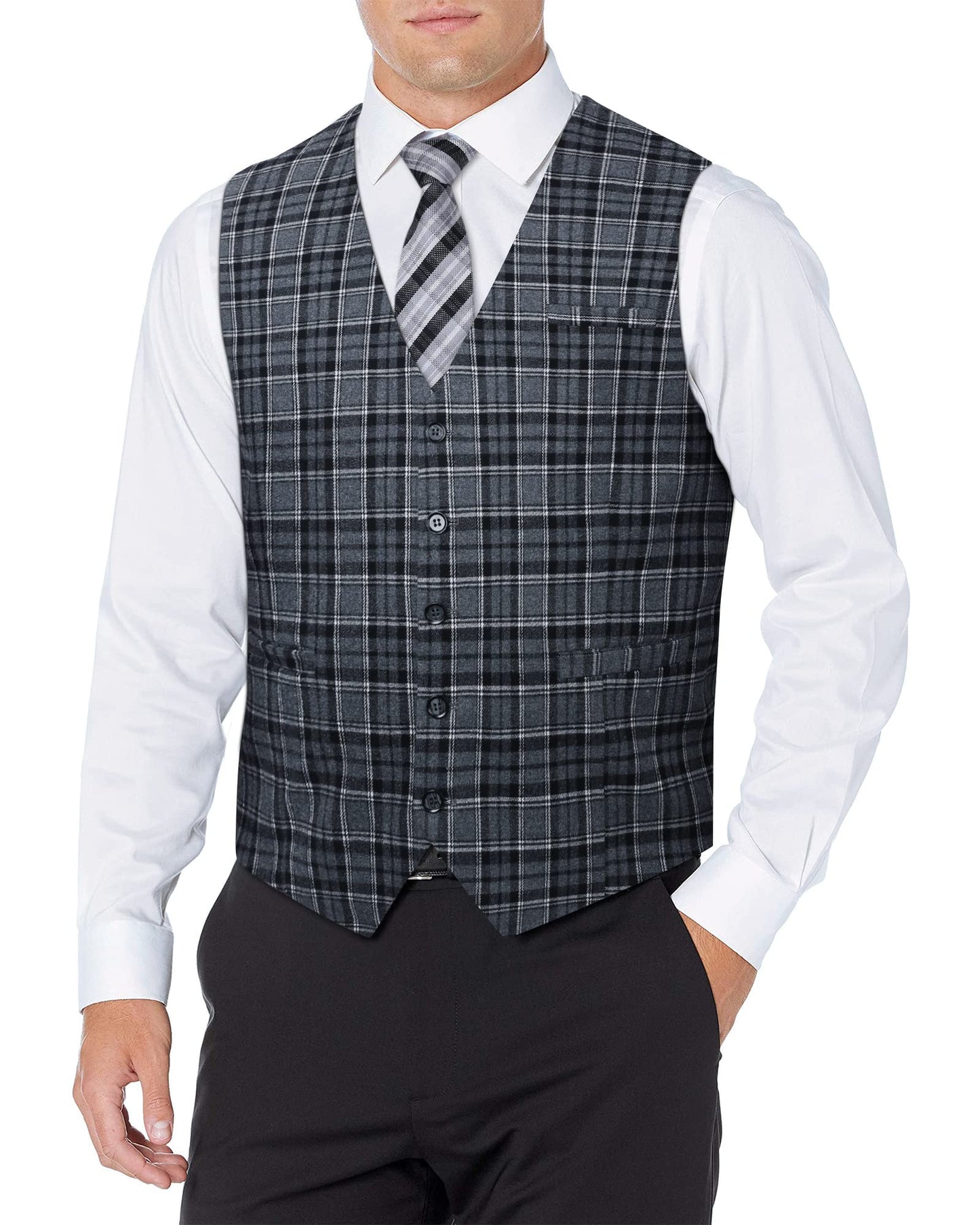 HISDERN Men's Suit Vest Plaid Dress Vest for Men Slim Fit Formal Business Waistcoat Tuxedo V-Ncek Solid Vest for Wedding