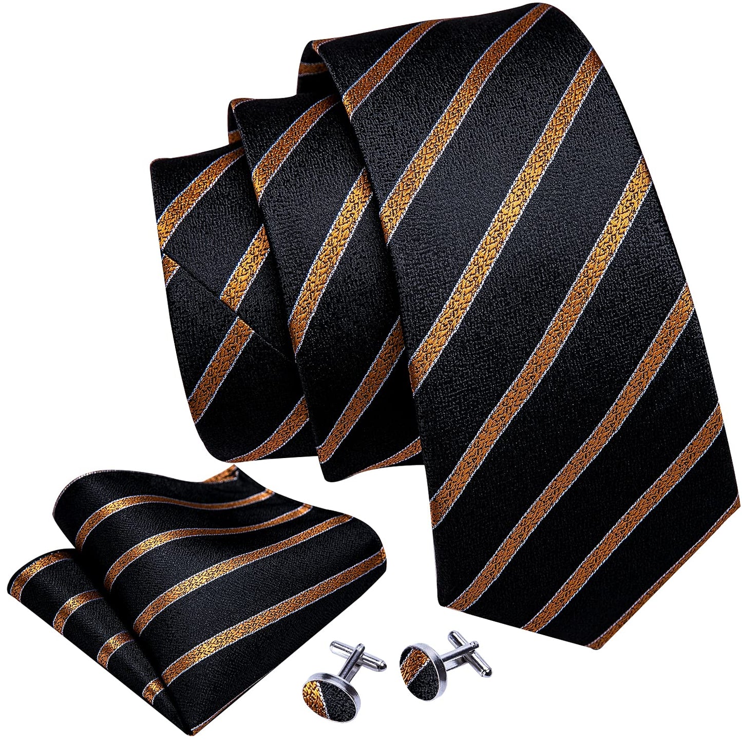 Barry.Wang Stripe Men Ties Set Classic WOVEN Necktie with Handkerchief Cufflinks Formal