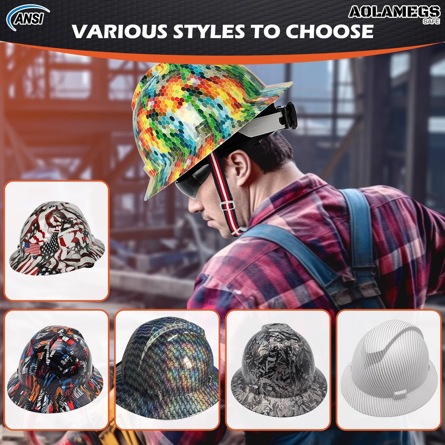 Stylish Full Brim Hard Hat with Visor and Liner (Option) -OSHA Approved Construction Safety Helmet for Men Women,ANSI Z89.1 Carbon Fiber Pattern Hardhats with Glasses and Chin Strap,4-pt