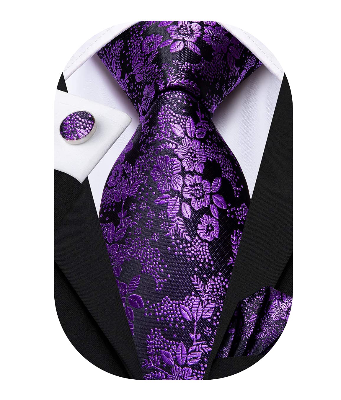 Hi-Tie Mens Plaid Ties Classic Paisley Necktie with Handkerchief Cufflinks Set Business Stripe Tie