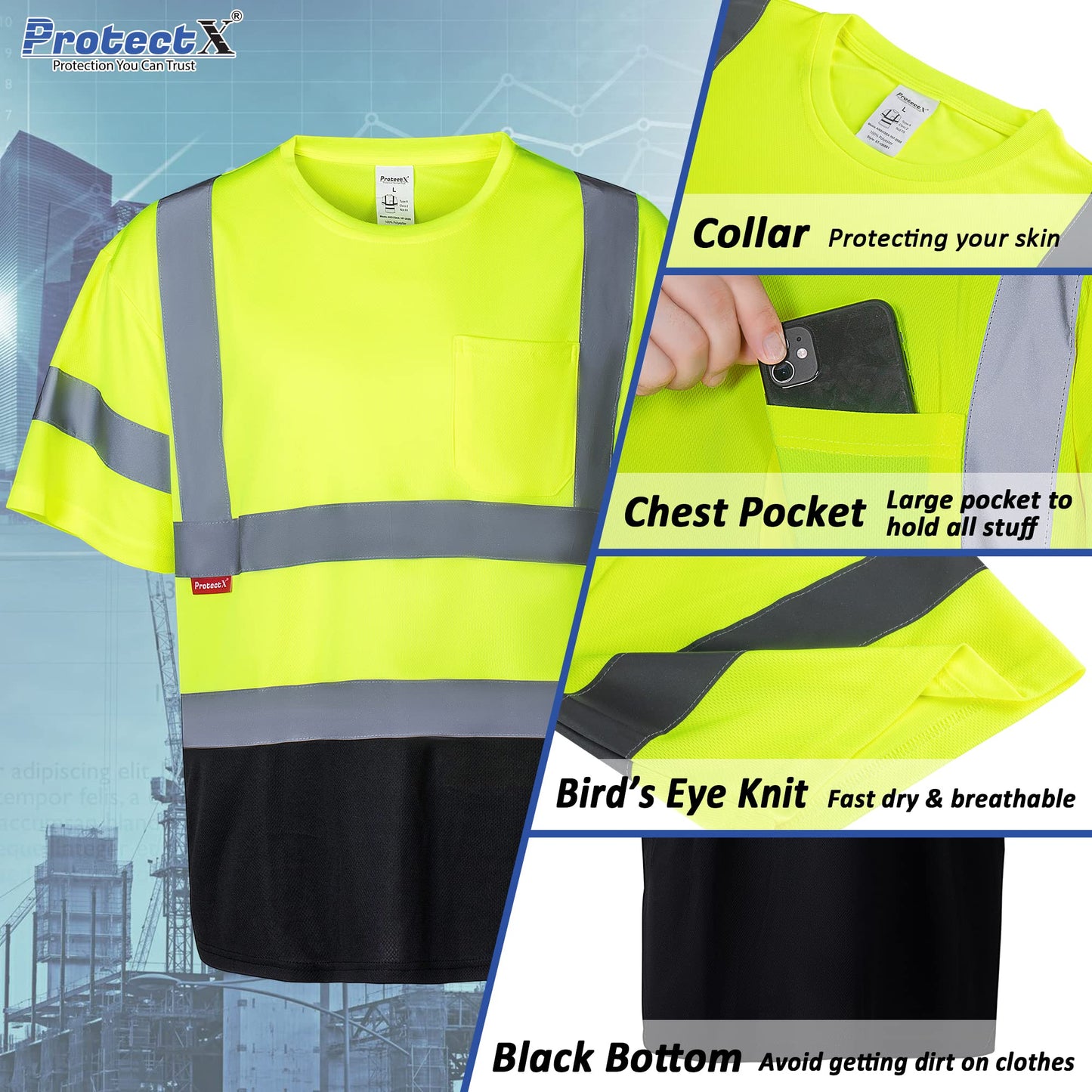 ProtectX High Visibility Short Sleeve Reflective Safety T-Shirt, Men's Heavy Duty Breathable Hi Vis Shirts, Class 2 Type R