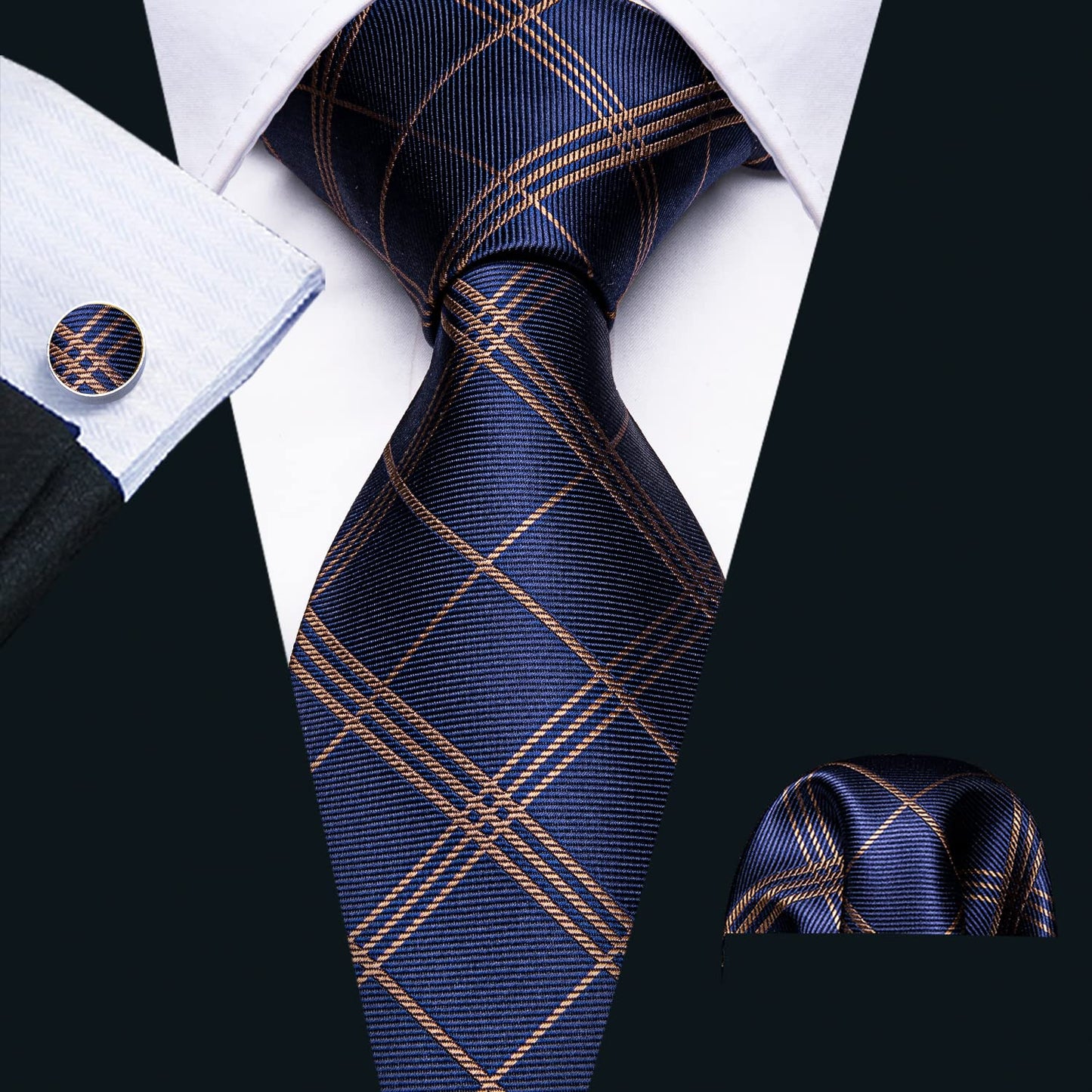 Barry.Wang Stripe Men Ties Set Classic WOVEN Necktie with Handkerchief Cufflinks Formal