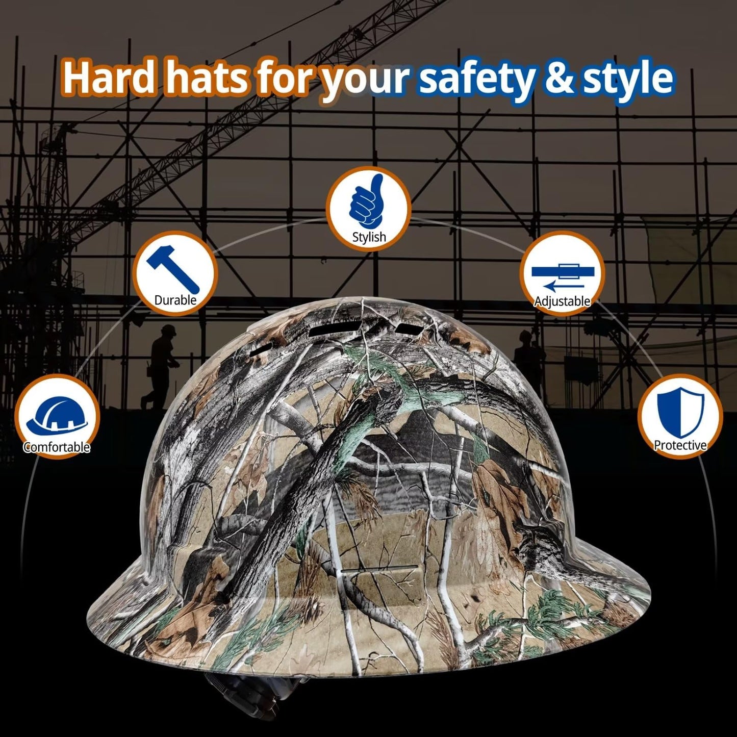 Full Brim Hard Hat - OSHA Safety Helmet Durable Lightweight Carbon Fiber Hard Hat, 6-Point Ratchet Suspension Protective Gear for Men and Women