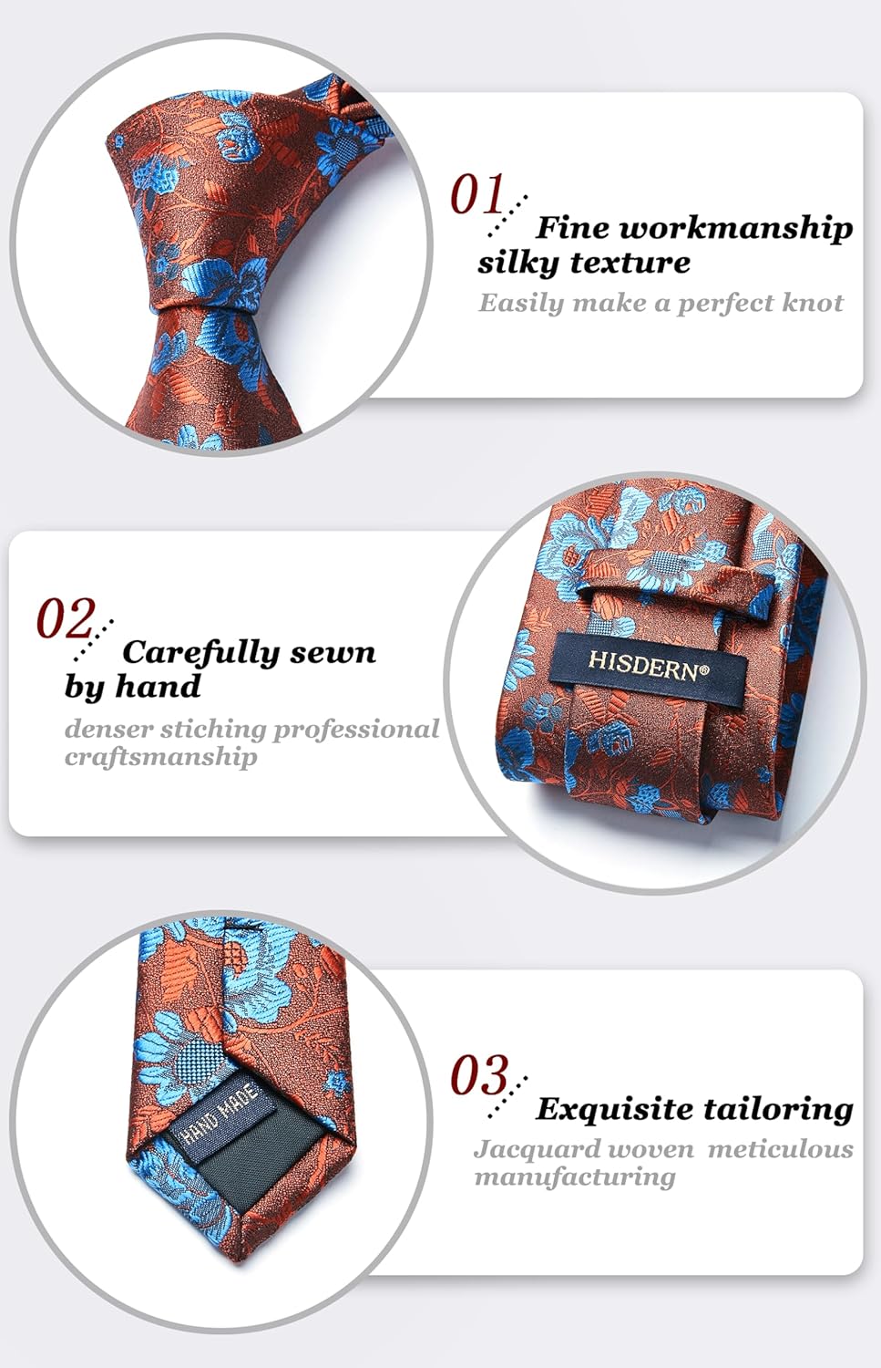 Men Floral Ties Woven Classic 3.4" NeckTie Set Formal Tie Pocket Square for Wedding with Handkerchief