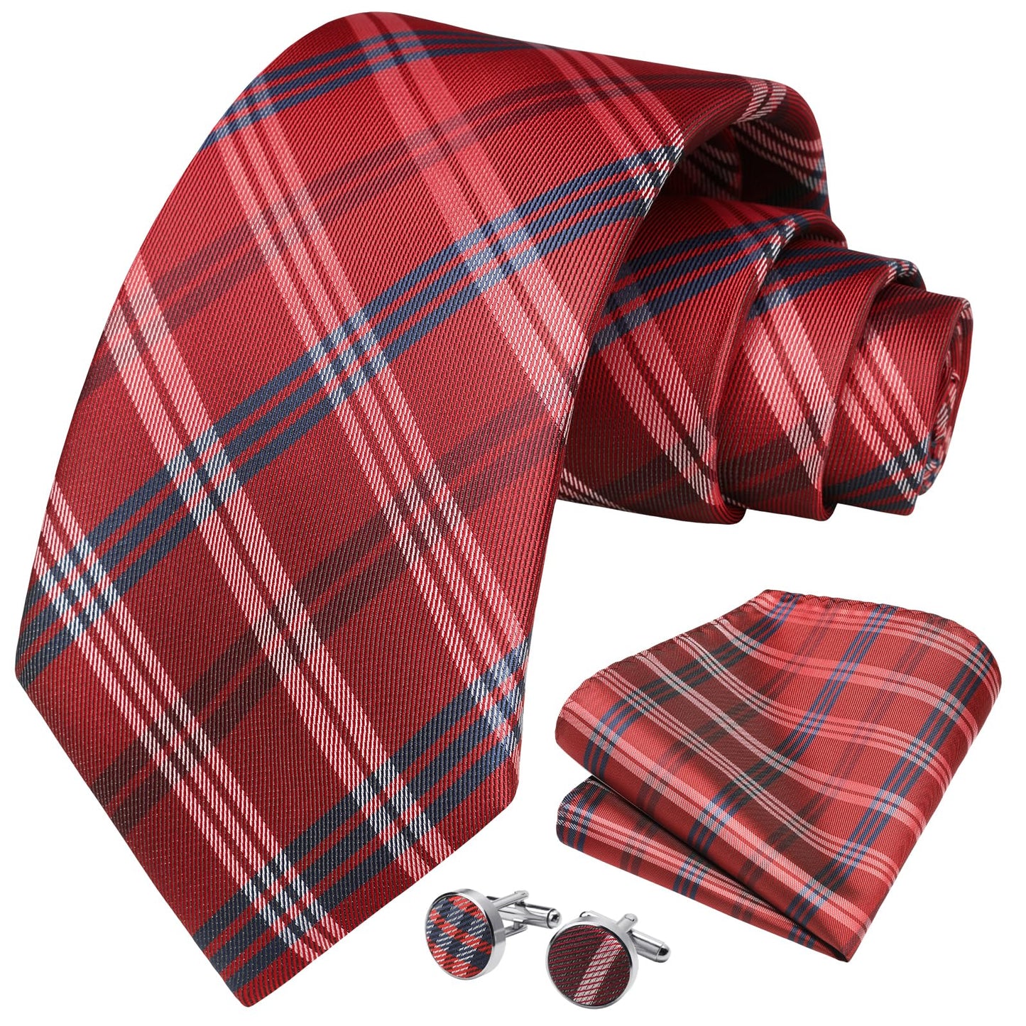 HISDERN Mens Ties Set Stripe Plaid Ties for Men and Pocket Square Cufflinks Formal Silk Necktie Wedding Business