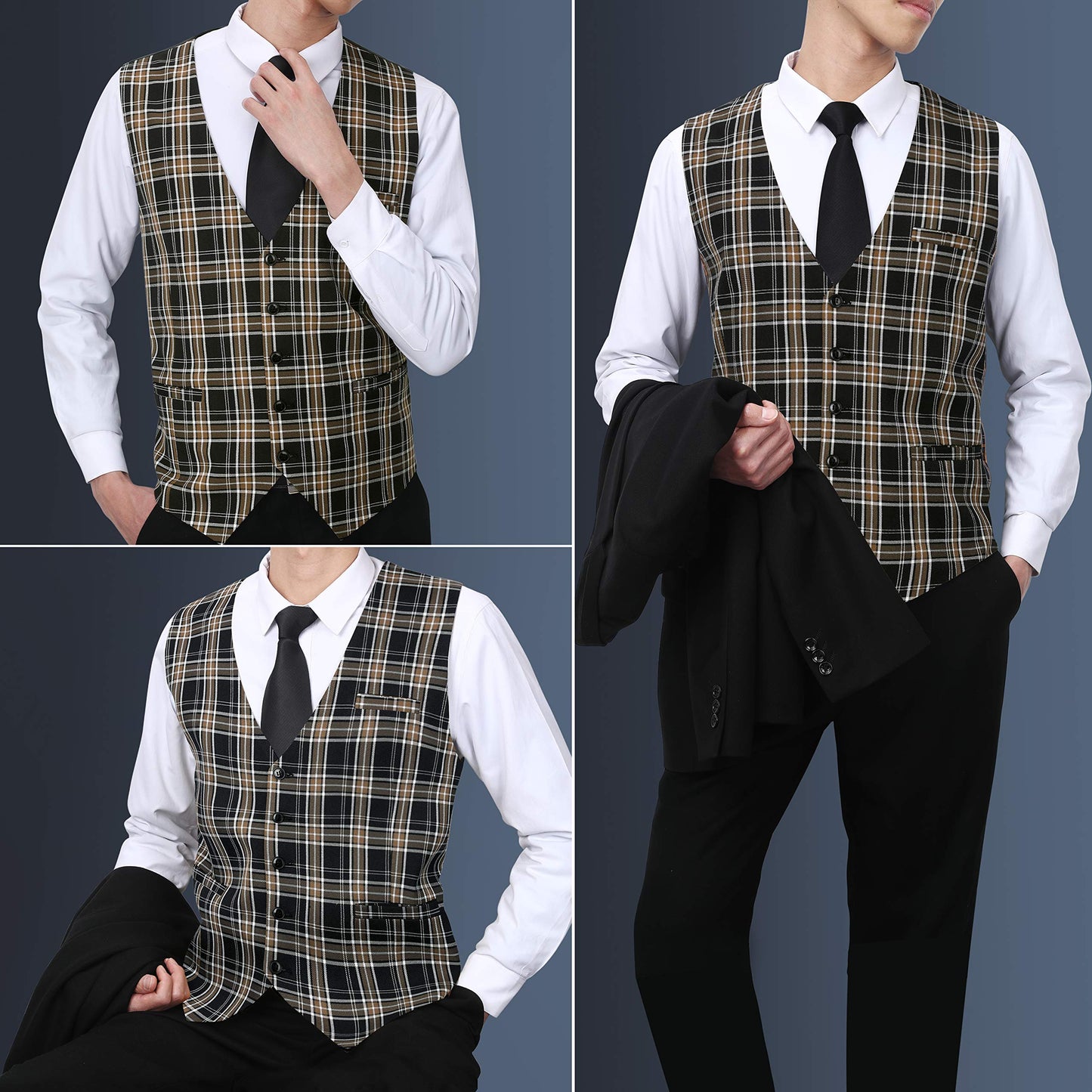 HISDERN Men's Suit Vest Business Plaid Formal Dress Waistcoat Slim Fit Vests for Men with 3 Pocket for Suit or Tuxedo