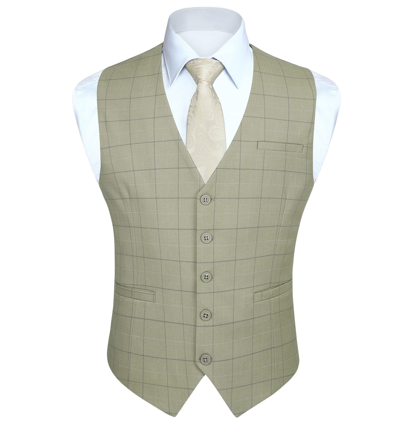 HISDERN Men's Suit Vest Plaid Dress Vest for Men Slim Fit Formal Business Waistcoat Tuxedo V-Ncek Solid Vest for Wedding