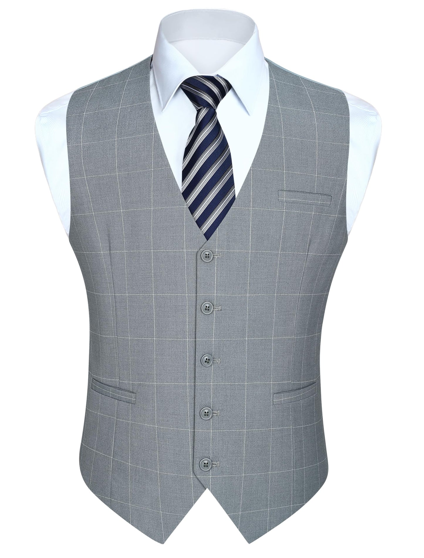 HISDERN Men's Suit Vest Plaid Dress Vest for Men Slim Fit Formal Business Waistcoat Tuxedo V-Ncek Solid Vest for Wedding