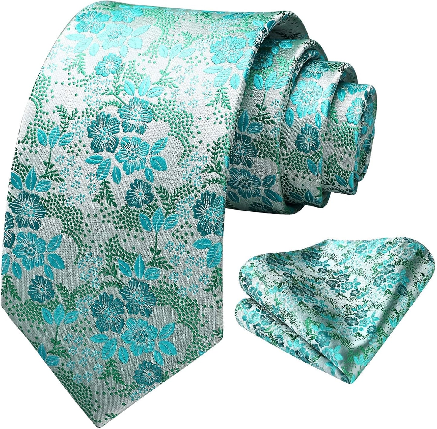 Men Floral Ties Woven Classic 3.4" NeckTie Set Formal Tie Pocket Square for Wedding with Handkerchief