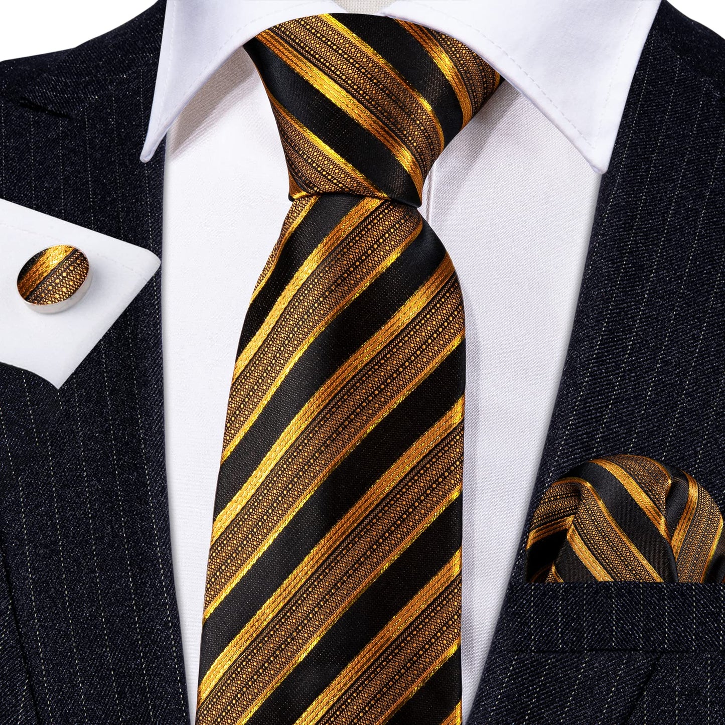 Barry.Wang Stripe Men Ties Set Classic WOVEN Necktie with Handkerchief Cufflinks Formal