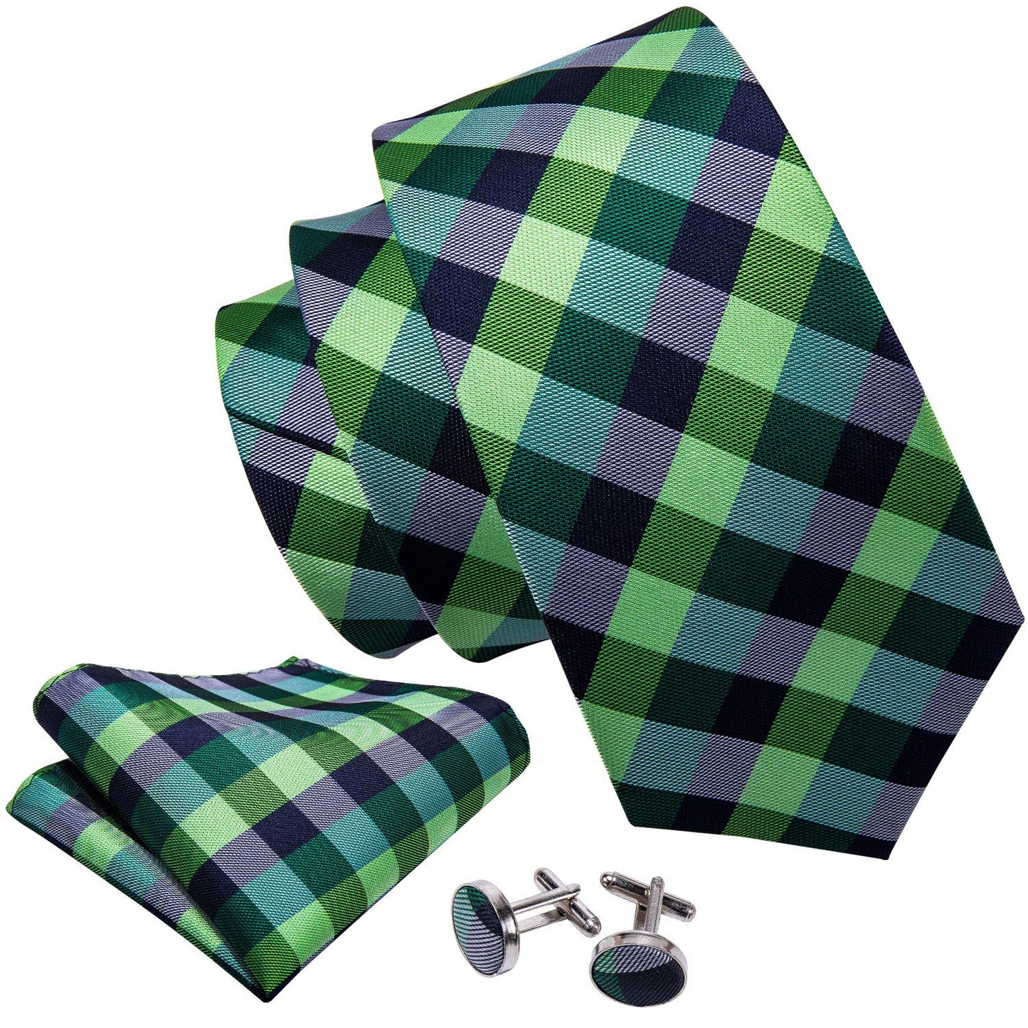 Barry.Wang Designer Classic Ties for Men Set Formal Pocket Square Cufflink Check Plaid