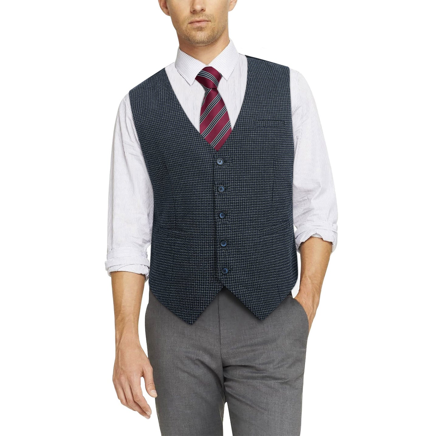 HISDERN Men's Suit Vest Business Plaid Formal Dress Waistcoat Slim Fit Vests for Men with 3 Pocket for Suit or Tuxedo