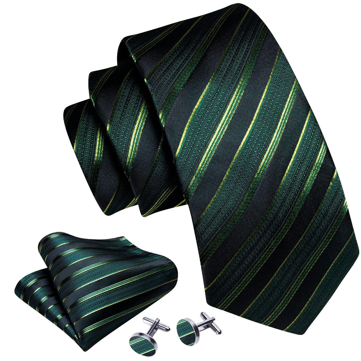 Barry.Wang Stripe Men Ties Set Classic WOVEN Necktie with Handkerchief Cufflinks Formal