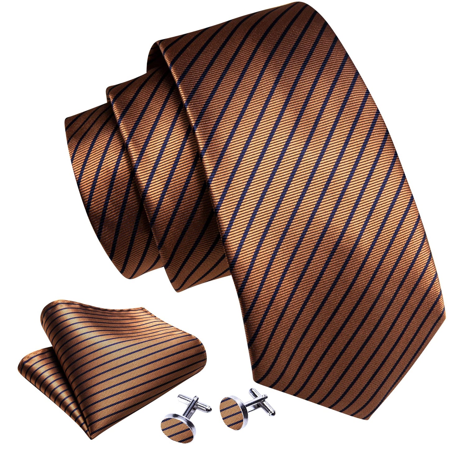 Barry.Wang Stripe Men Ties Set Classic WOVEN Necktie with Handkerchief Cufflinks Formal