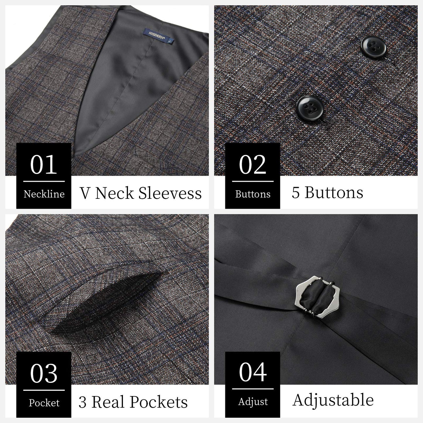 HISDERN Men's Suit Vest Business Plaid Formal Dress Waistcoat Slim Fit Vests for Men with 3 Pocket for Suit or Tuxedo