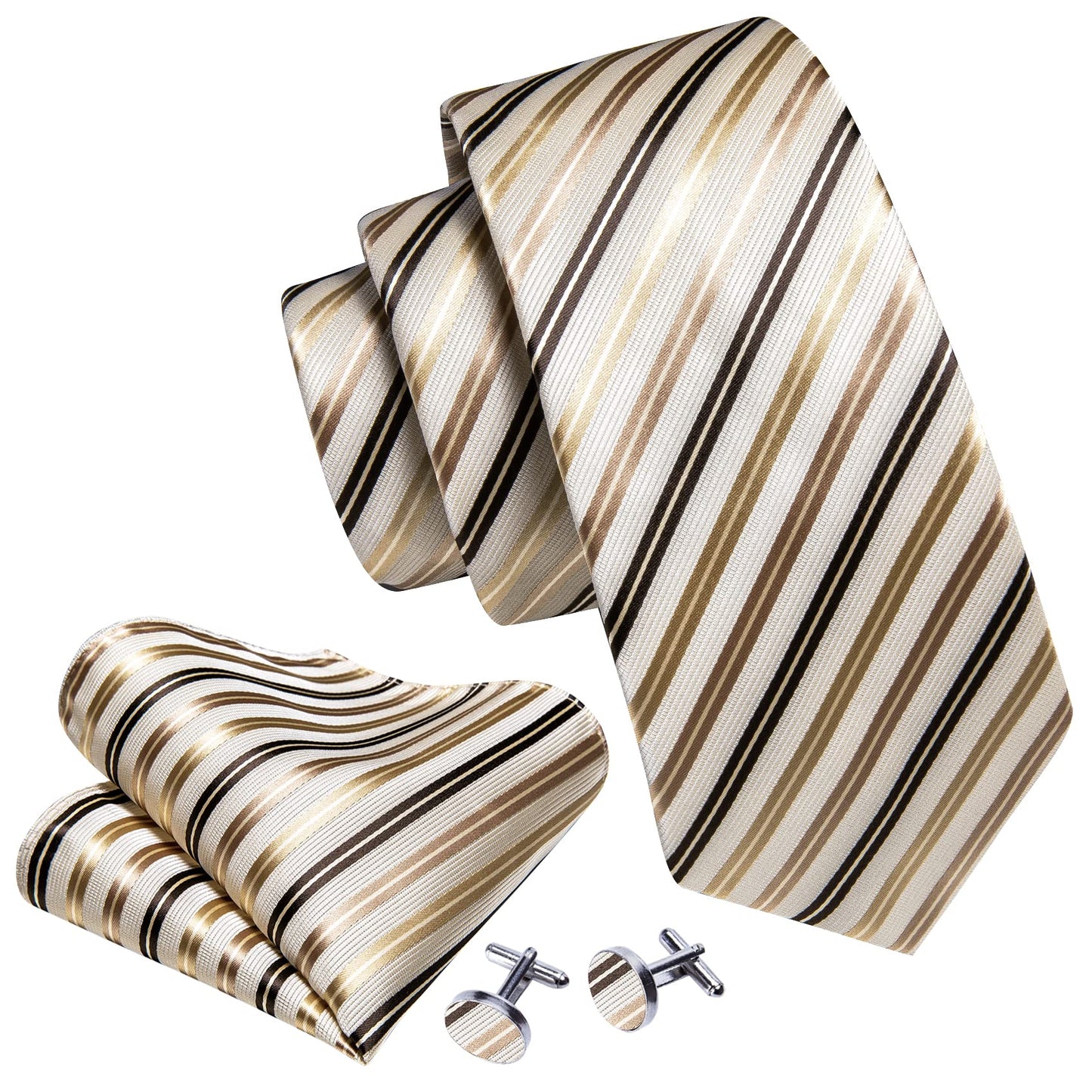 Barry.Wang Stripe Men Ties Set Classic WOVEN Necktie with Handkerchief Cufflinks Formal