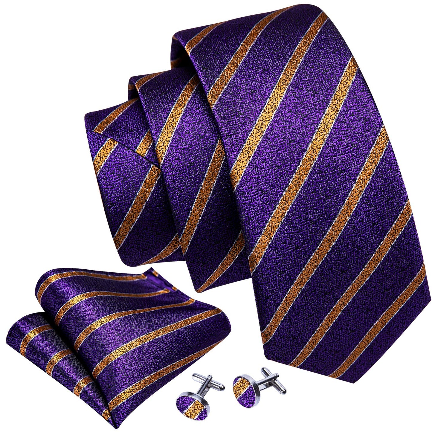 Barry.Wang Stripe Men Ties Set Classic WOVEN Necktie with Handkerchief Cufflinks Formal