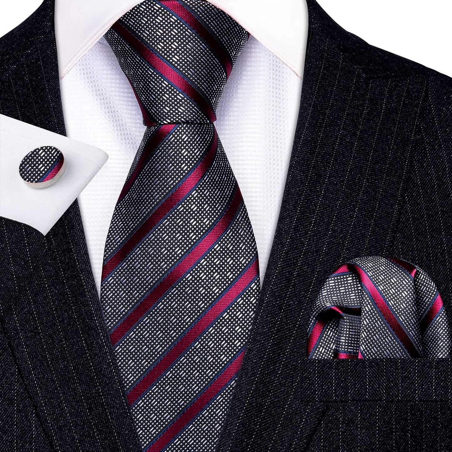 Barry.Wang Stripe Men Ties Set Classic WOVEN Necktie with Handkerchief Cufflinks Formal