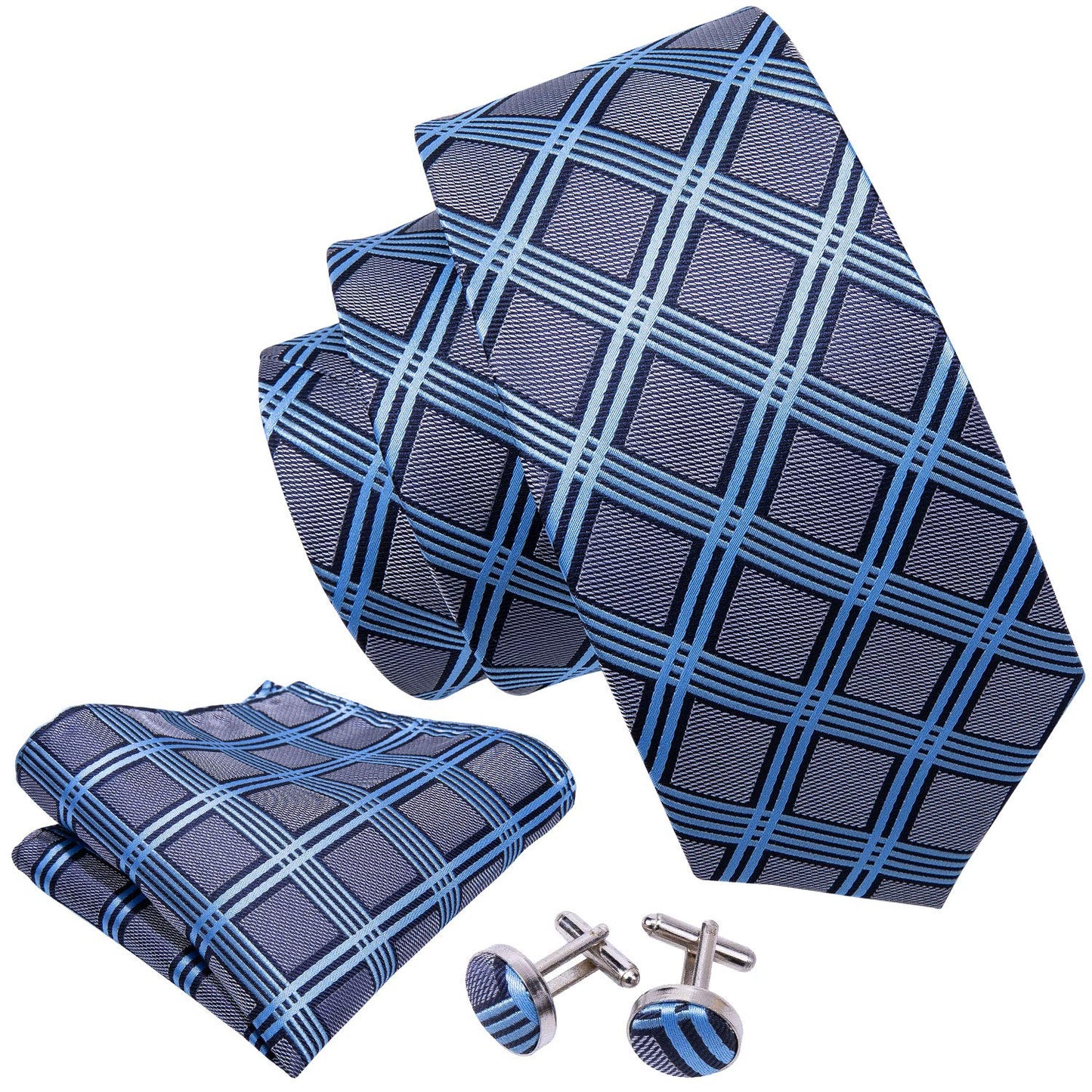 Barry.Wang Designer Classic Ties for Men Set Formal Pocket Square Cufflink Check Plaid