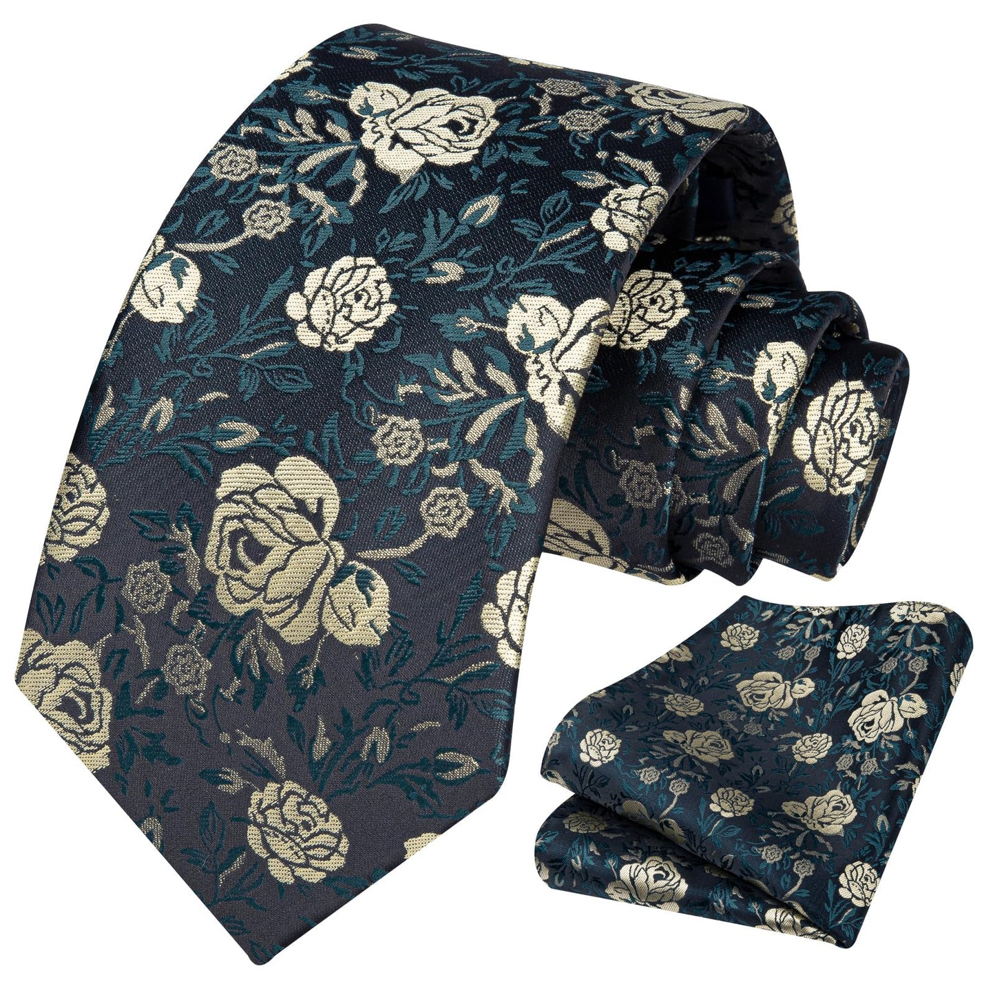 Men Floral Ties Woven Classic 3.4" NeckTie Set Formal Tie Pocket Square for Wedding with Handkerchief