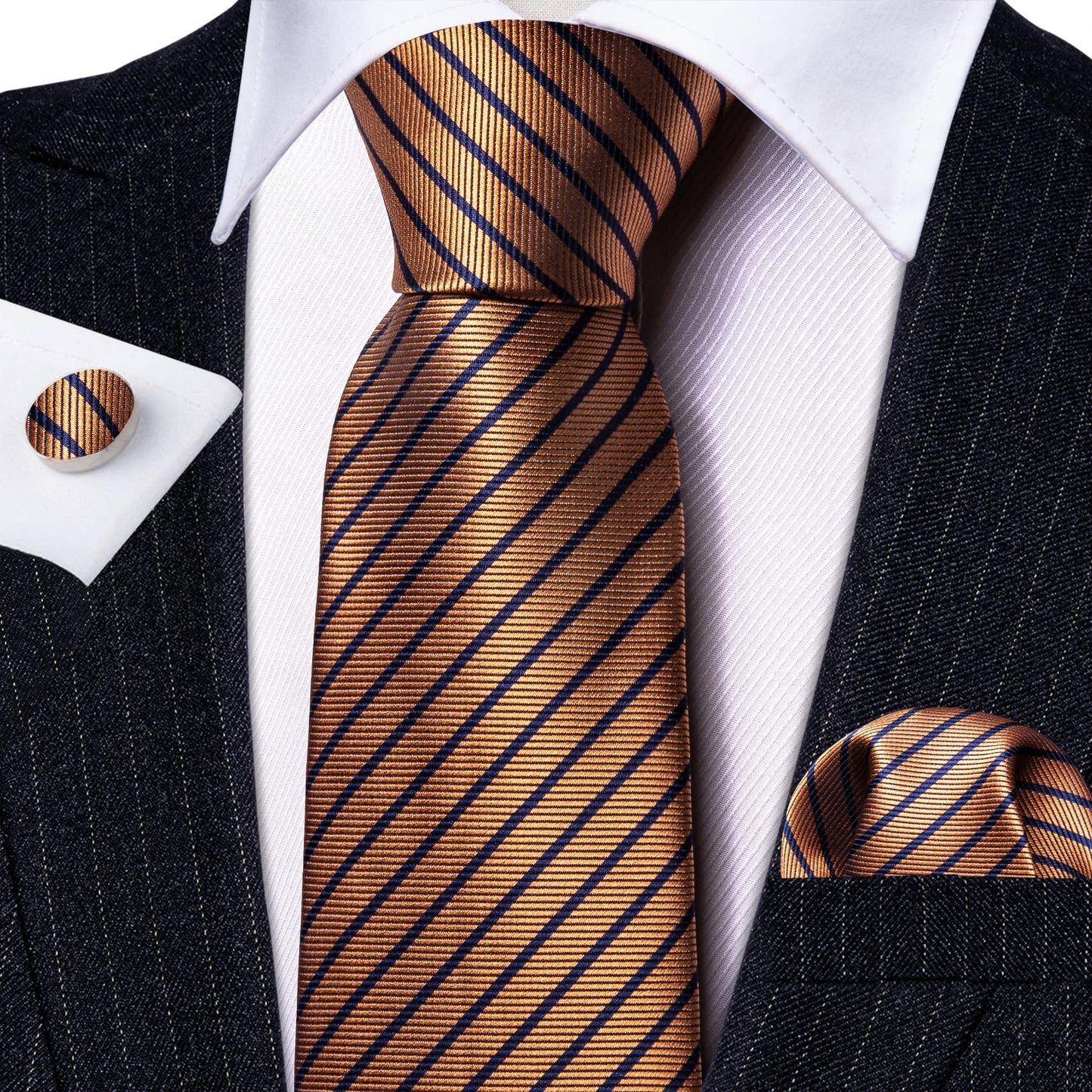 Barry.Wang Stripe Men Ties Set Classic WOVEN Necktie with Handkerchief Cufflinks Formal