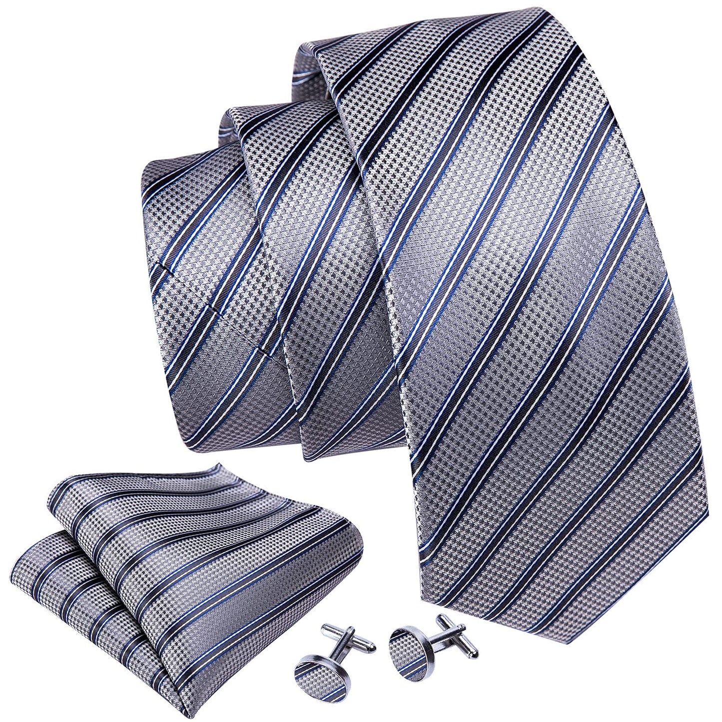 Barry.Wang Stripe Men Ties Set Classic WOVEN Necktie with Handkerchief Cufflinks Formal