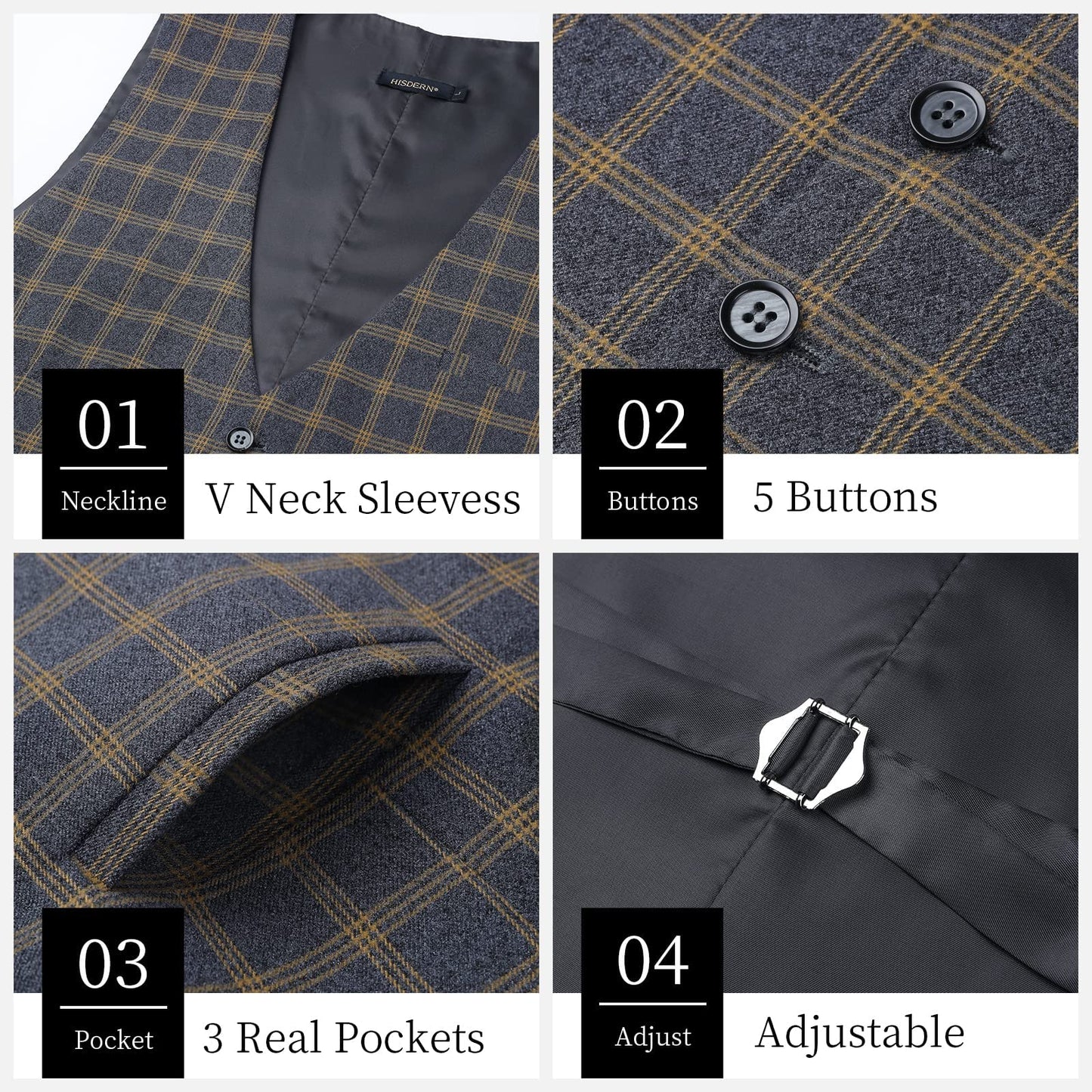 HISDERN Men's Suit Vest Plaid Dress Vest for Men Slim Fit Formal Business Waistcoat Tuxedo V-Ncek Solid Vest for Wedding