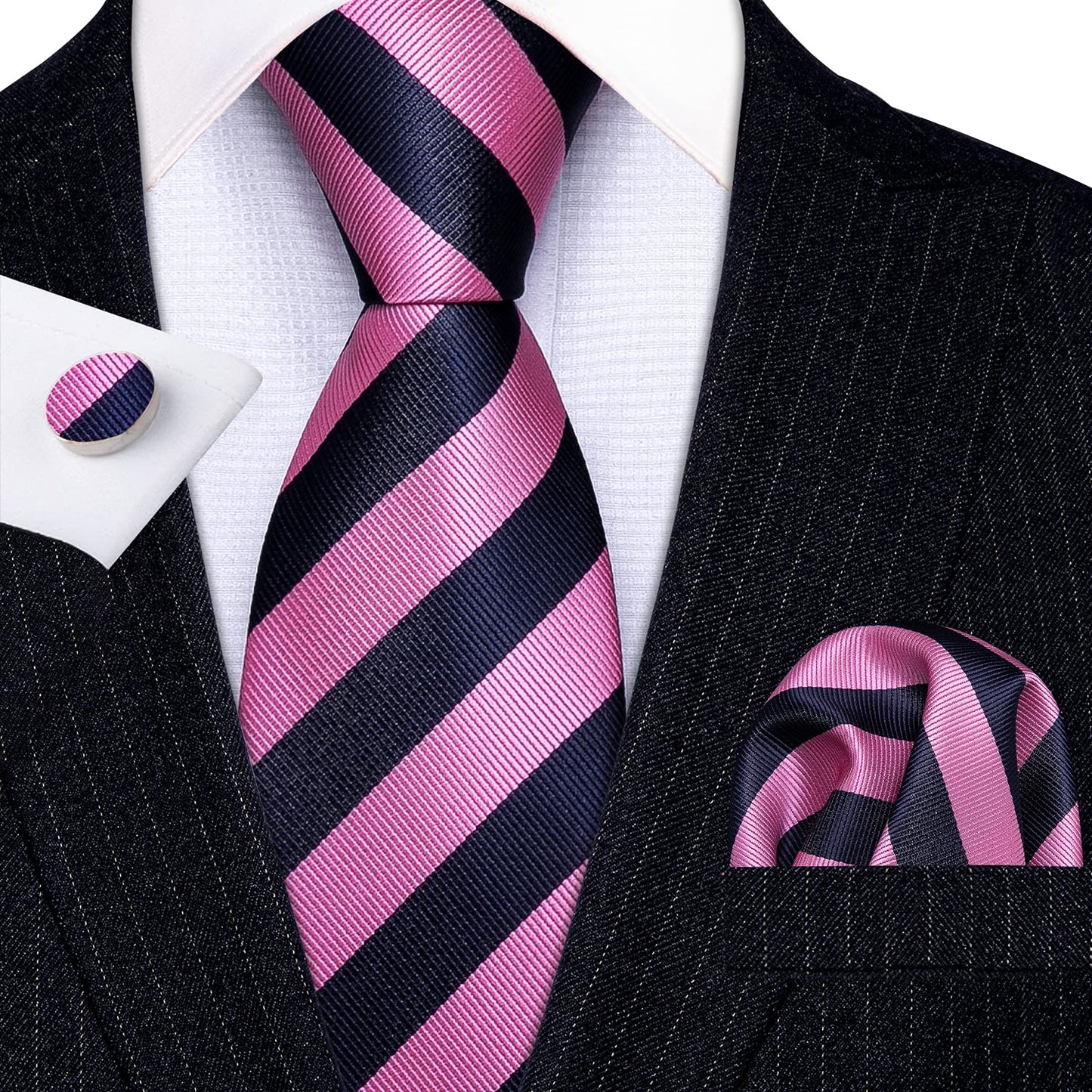 Barry.Wang Stripe Men Ties Set Classic WOVEN Necktie with Handkerchief Cufflinks Formal