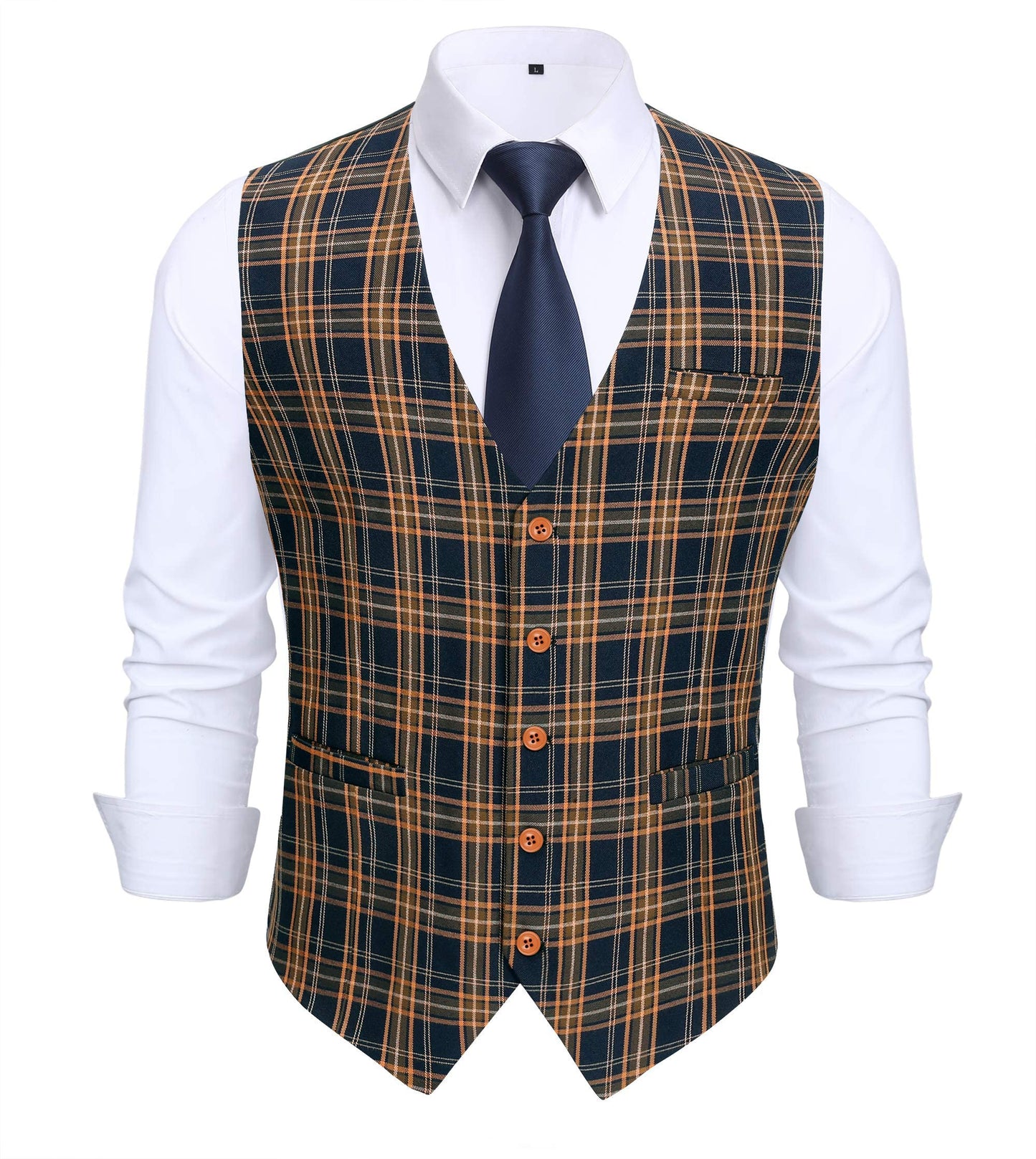 HISDERN Men's Suit Vest Business Plaid Formal Dress Waistcoat Slim Fit Vests for Men with 3 Pocket for Suit or Tuxedo