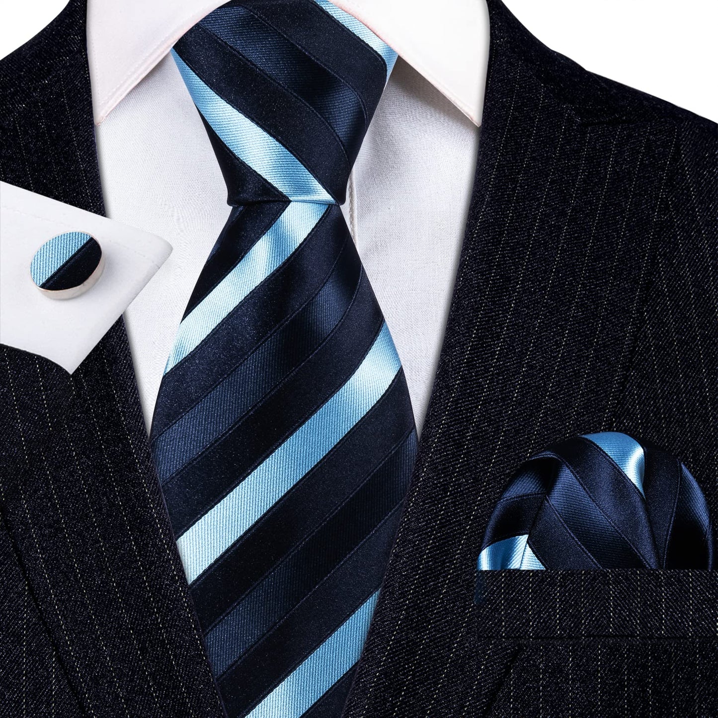 Barry.Wang Stripe Men Ties Set Classic WOVEN Necktie with Handkerchief Cufflinks Formal